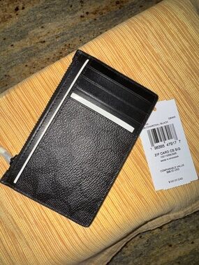 Coach Black Leather Zip Card Case with Signature Texture